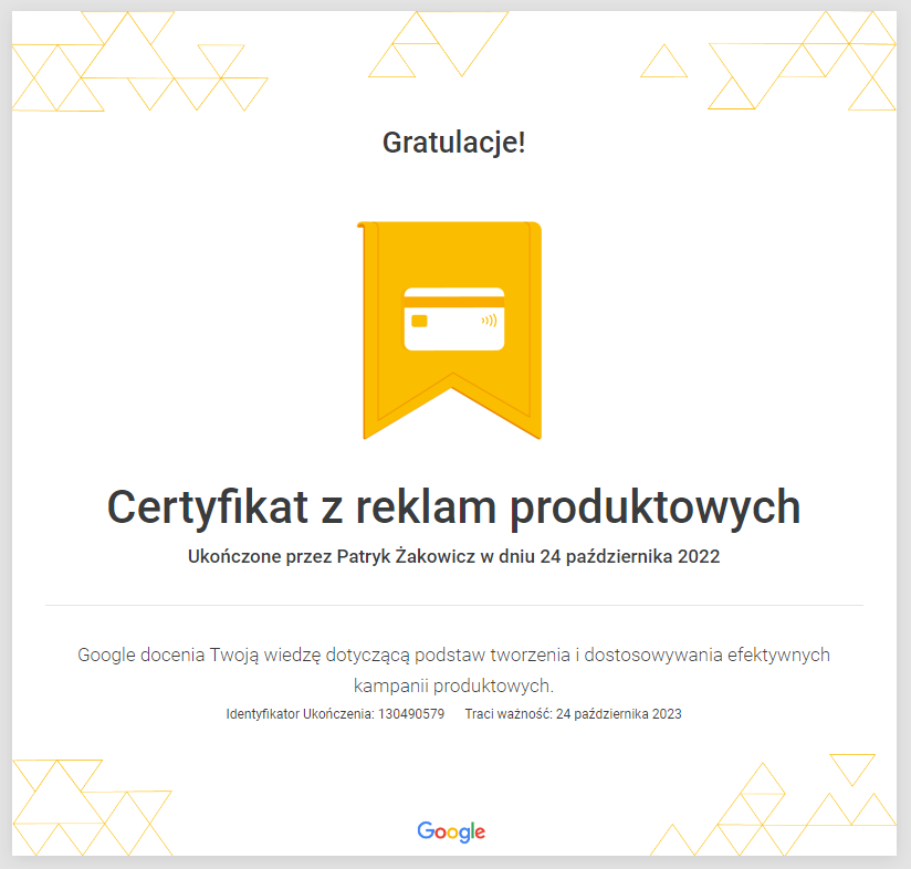 Certyfikat ukończenia kursu w Google Skillshop.